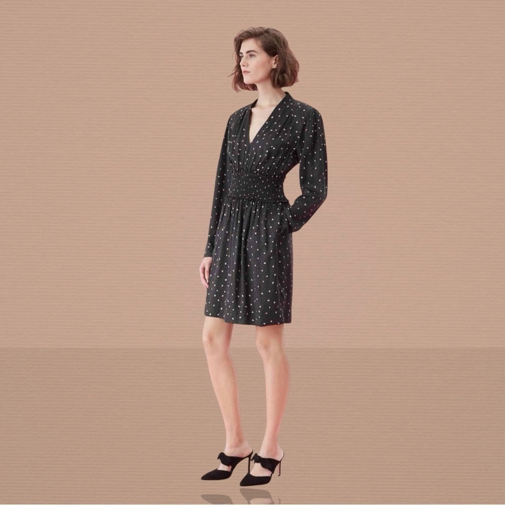 NWT Rebecca Taylor Women’s Long Sleeve Painted Dots Print Smocked Waist Dress 4